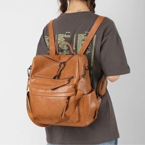 Camel vegan leather zipper detail mini backpacks